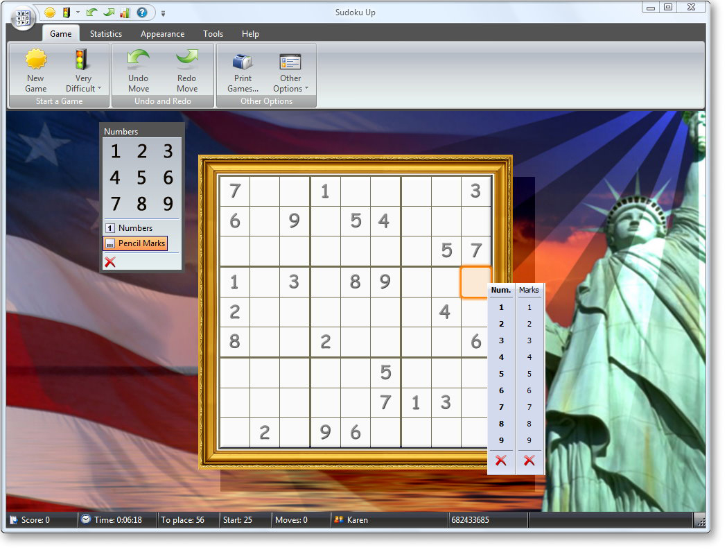 Sudoku 2009 - Layout Screenshot with Numbers and Marks Menu